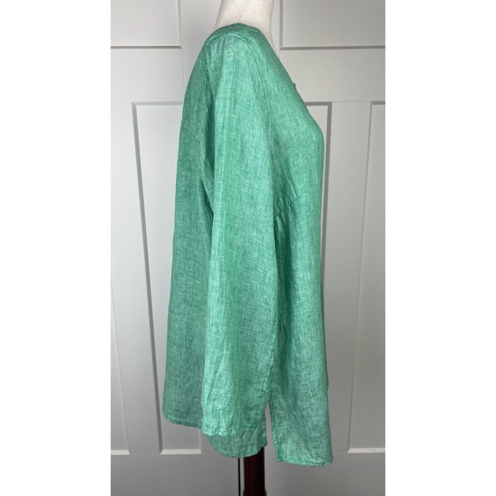 Tahari 100% Linen Tunic Top 1X Green Button Front Roll Tab Sleeve EUC - Picture 3 of 9